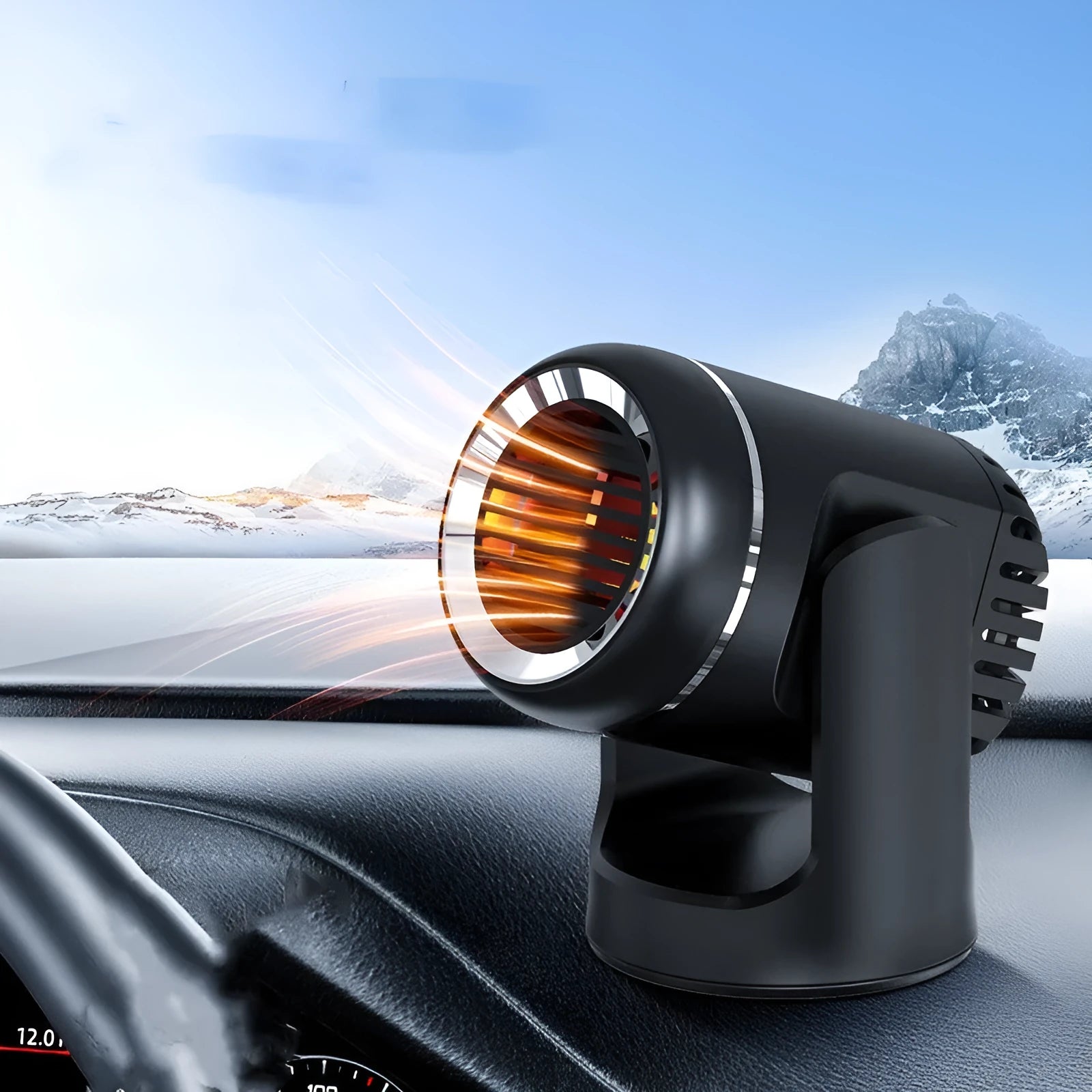 Black and white 12V portable car heater with defrosting and cooling functions, showing dimensions.