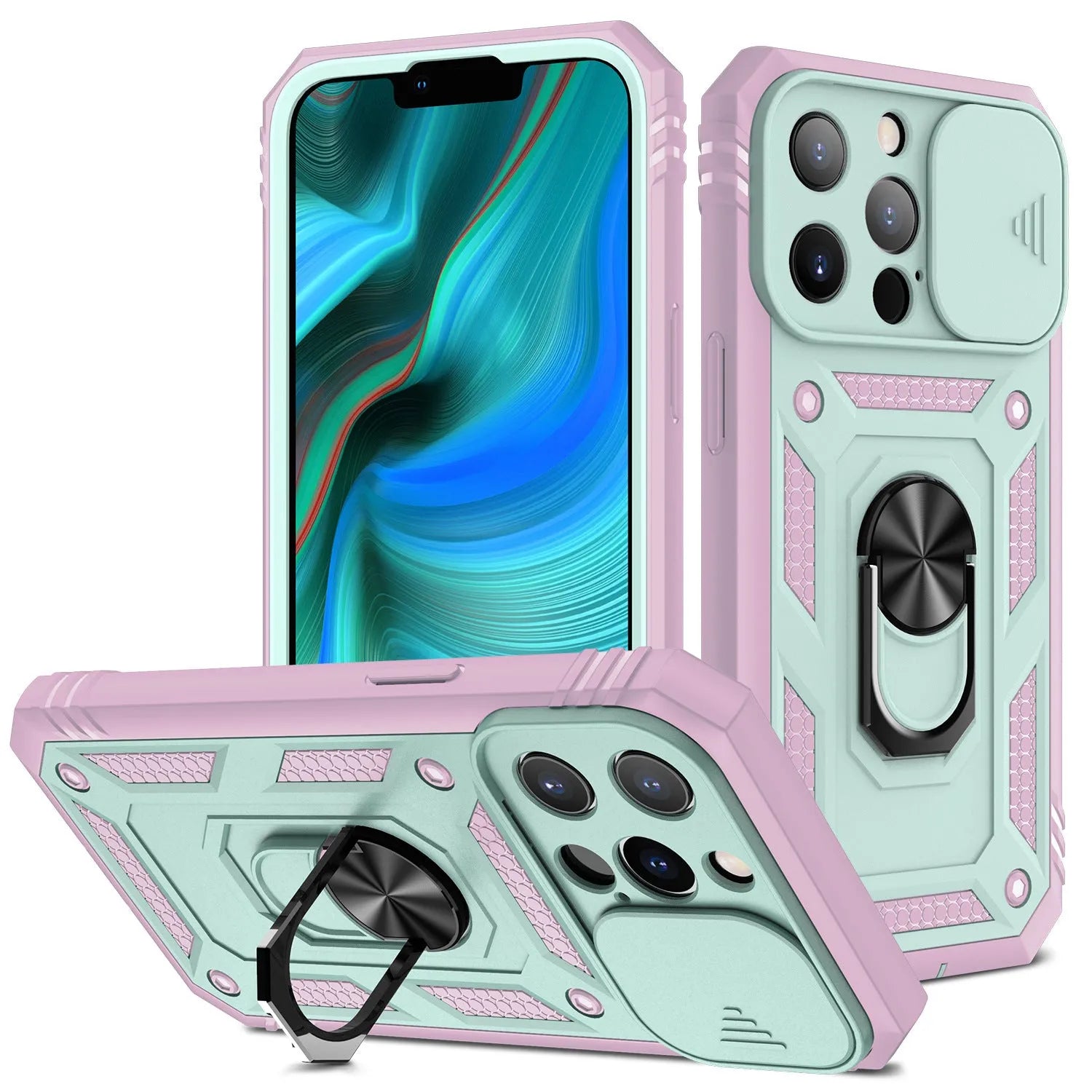 Magnetic sliding window iPhone case in two-tone colour options for iPhone 12 and 13 models
