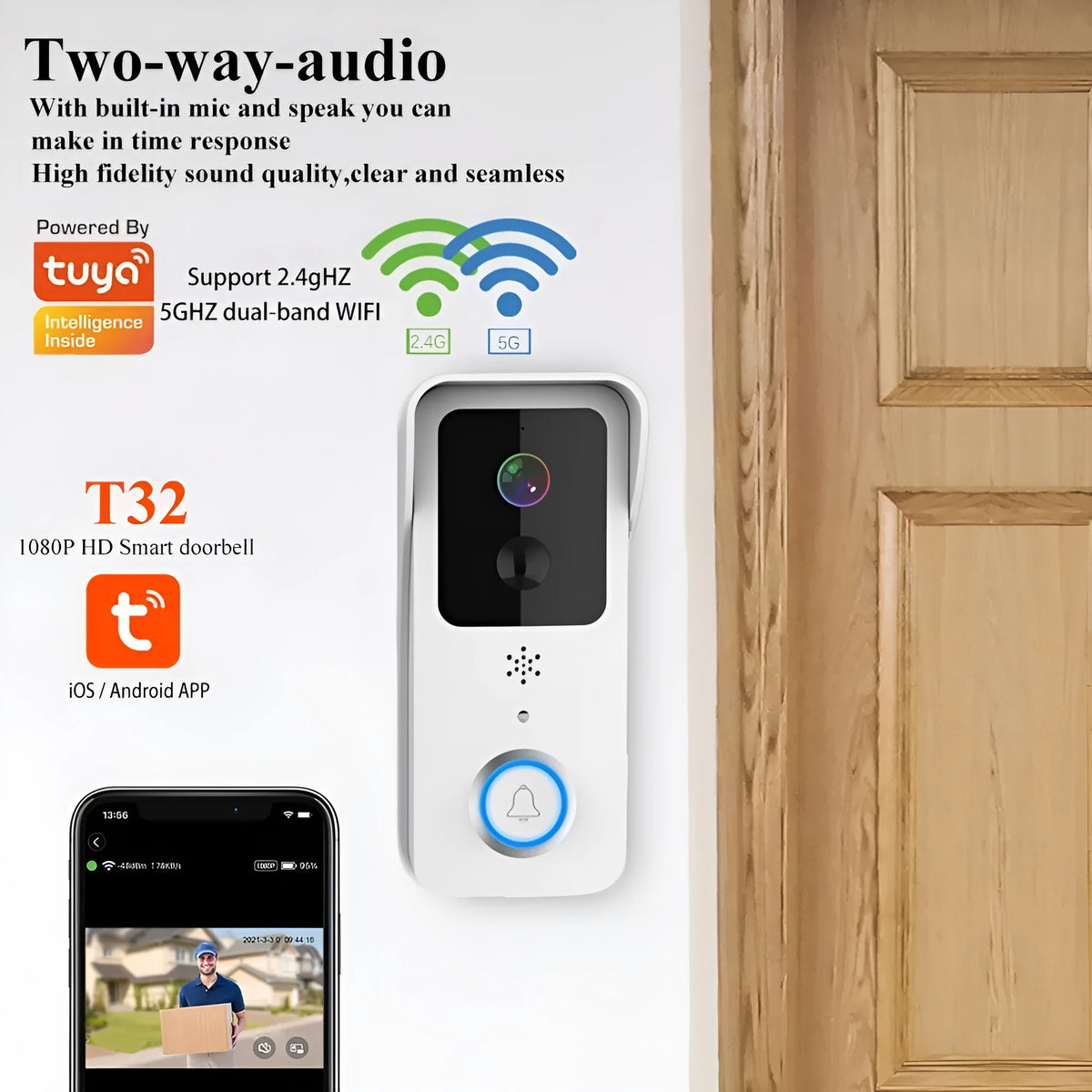 Smart waterproof visual doorbell with 18650 battery for wireless HD intercom security