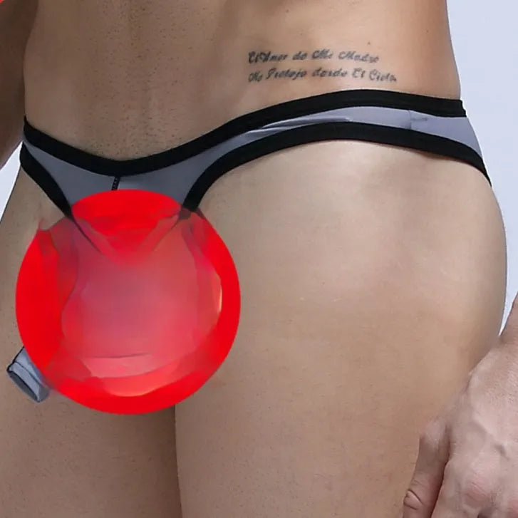 Men's ice silk briefs with elephant trunk pouch in seven colour options showing size tags