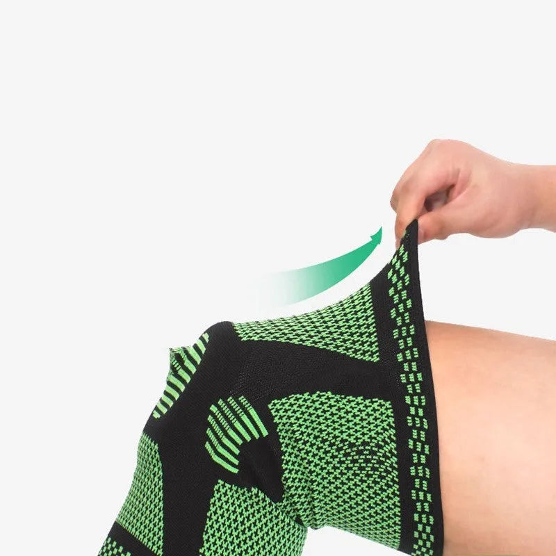 Sports fitness silicone spring knee pads in green, blue, white, orange colours for leg sizes 35-55cm.