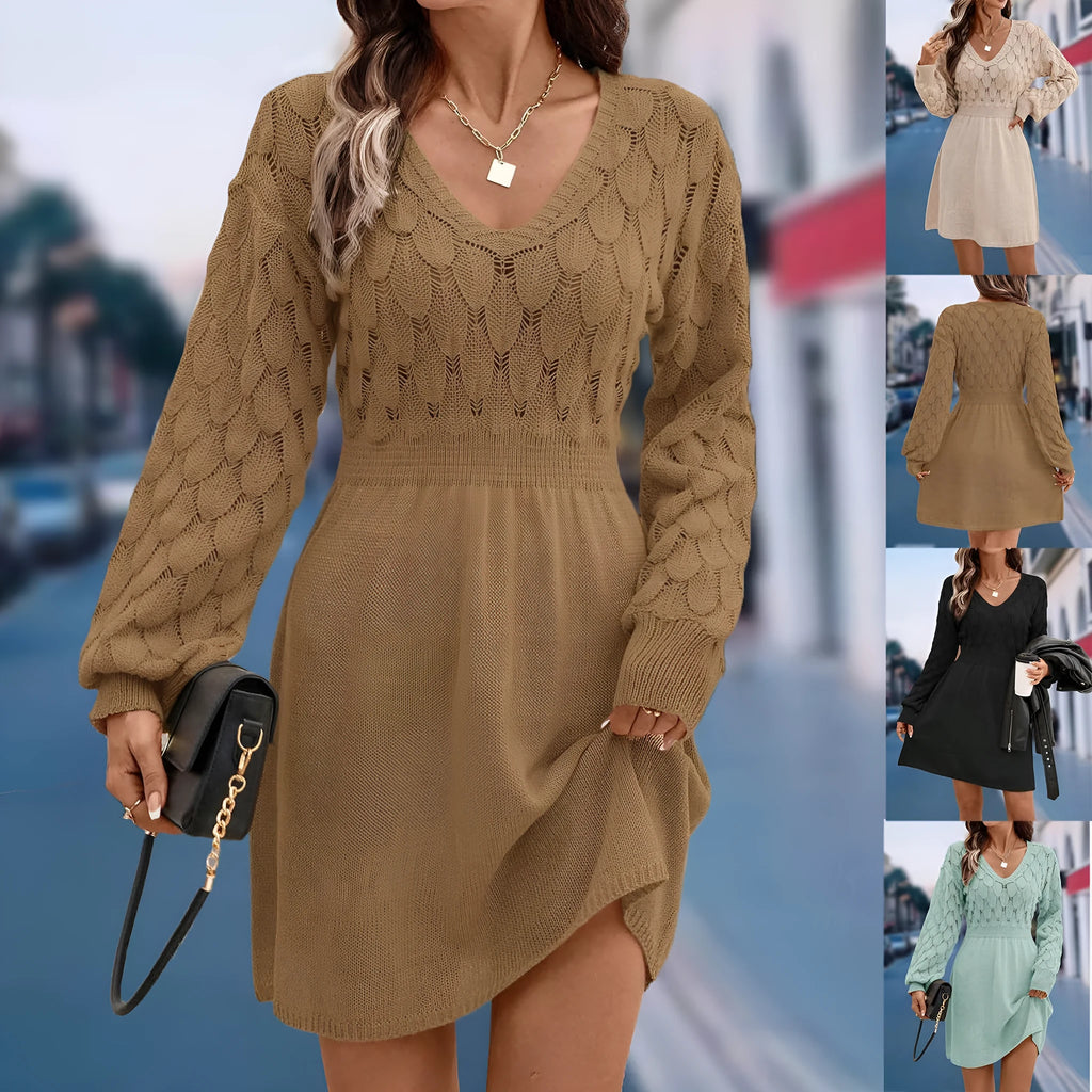 Apricot coloured V-neck long sleeve dress with a high waist and 3D pattern details.