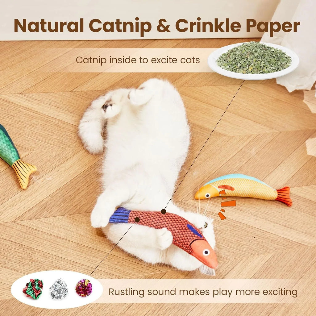 Green plush saury fish cat toy with organic catnip filling and crinkle sounds for indoor play
