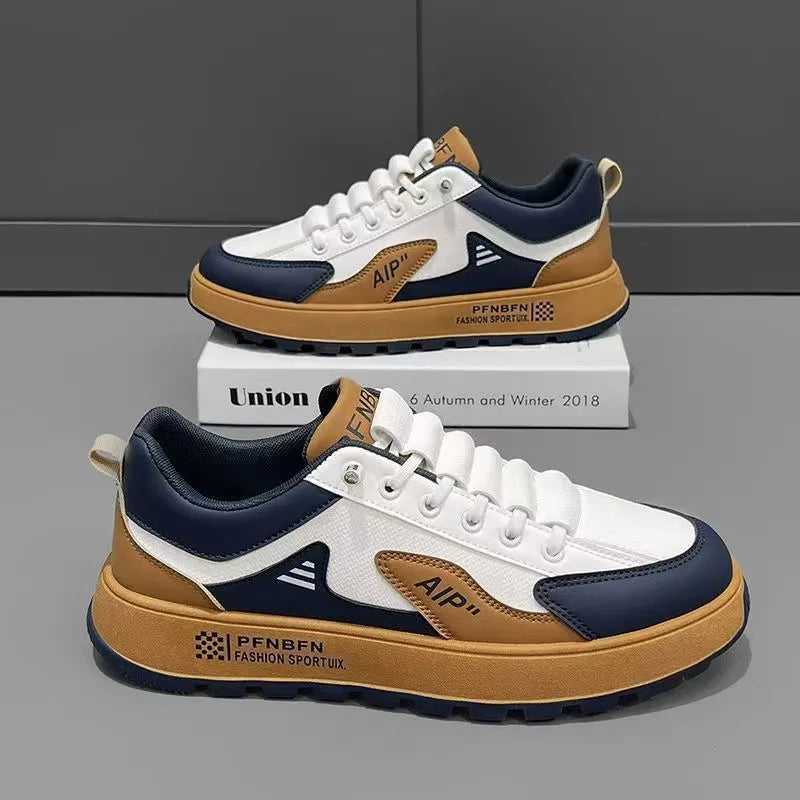 Men's white casual shoes with black trim and round toe design on artificial PU upper