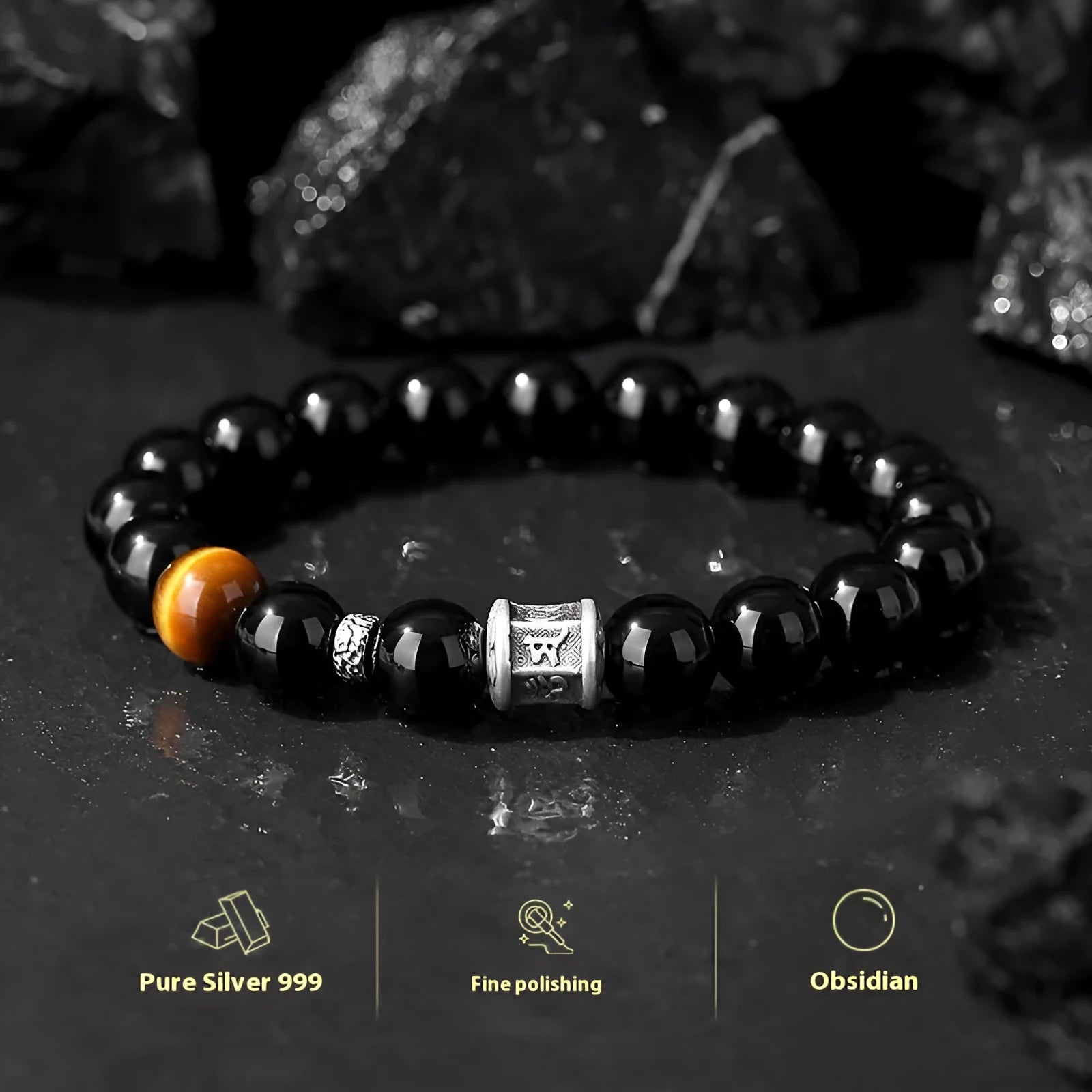 Pure silver obsidian six-word mantra bracelet with hand-woven construction and prayer wheel beads