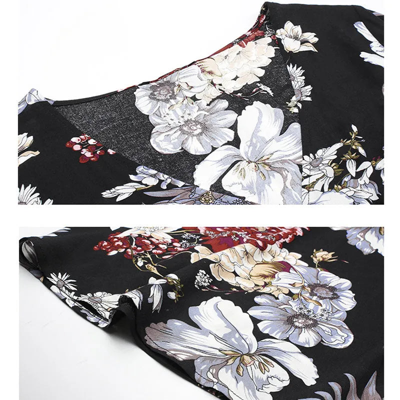 Yellow floral print women's dress with V-neck, short sleeves, elastic high waist, and flowing mid-length skirt.
