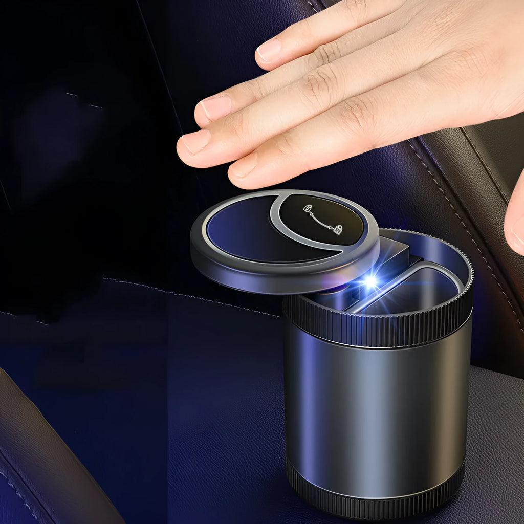 Automatic sensing vehicle mounted ashtray with USB port in Deep Sky Grey, Black, Red, or Sea Blue.