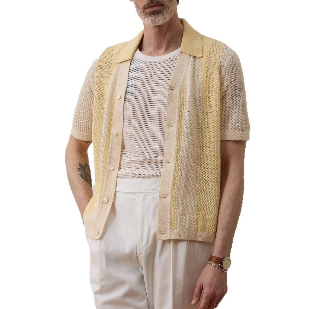 Yellow casual polo shirt with hollow-out detailing and asymmetric design, short sleeves for summer wear