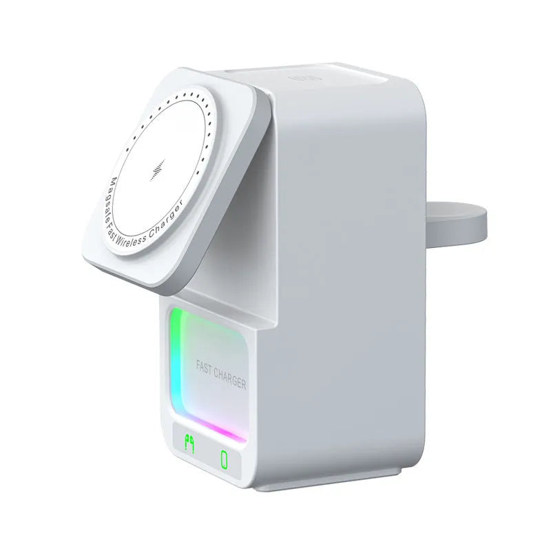 White and black Bluetooth speaker with integrated wireless charging station showing 5-in-1 functionality