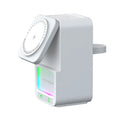 White and black Bluetooth speaker with integrated wireless charging station showing 5-in-1 functionality