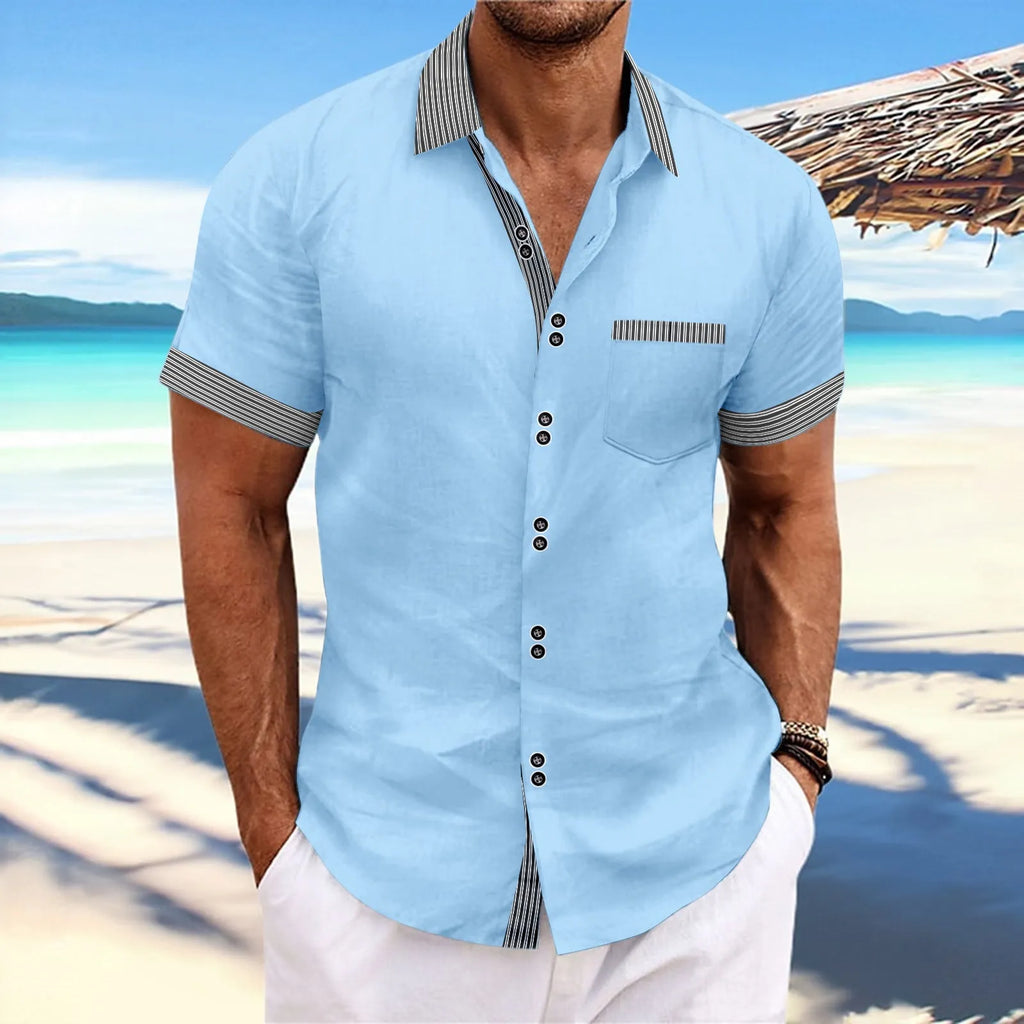 Pure cotton slim fit striped casual shirt with double buttons and short sleeves