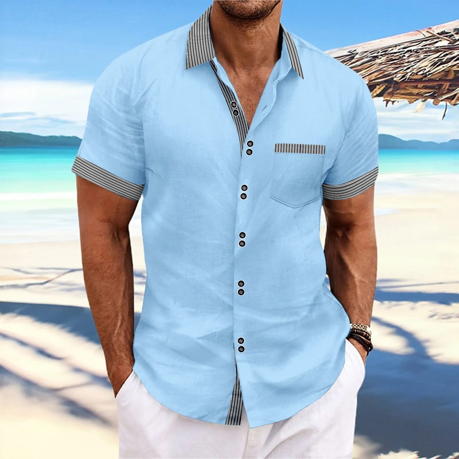 Pure cotton slim fit striped casual shirt with double buttons and short sleeves