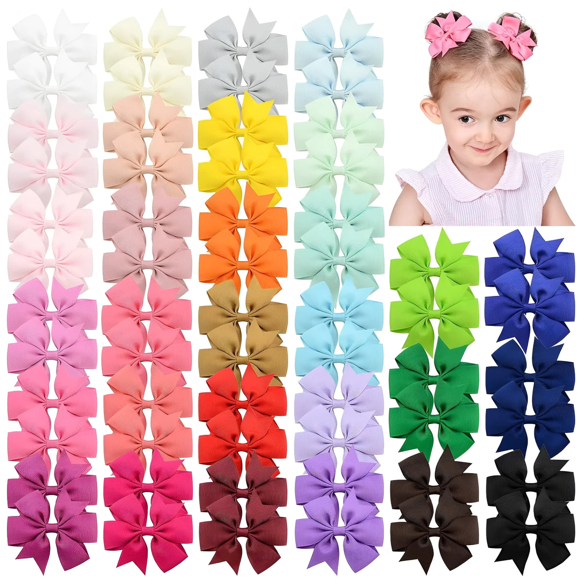 Assortment of 20 colourful 3-inch grosgrain ribbon hair bows with alligator clips for baby girls and toddlers.