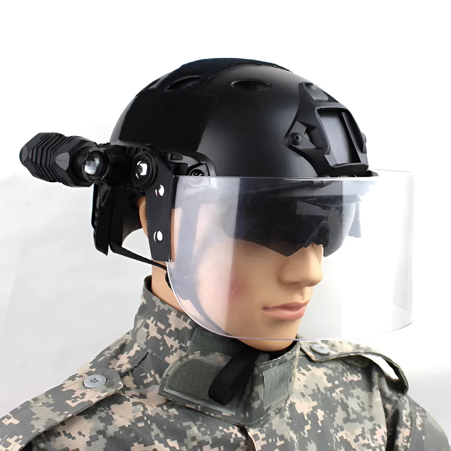 Transparent polycarbonate helmet face shield with semi-rimless frame, shown from front.