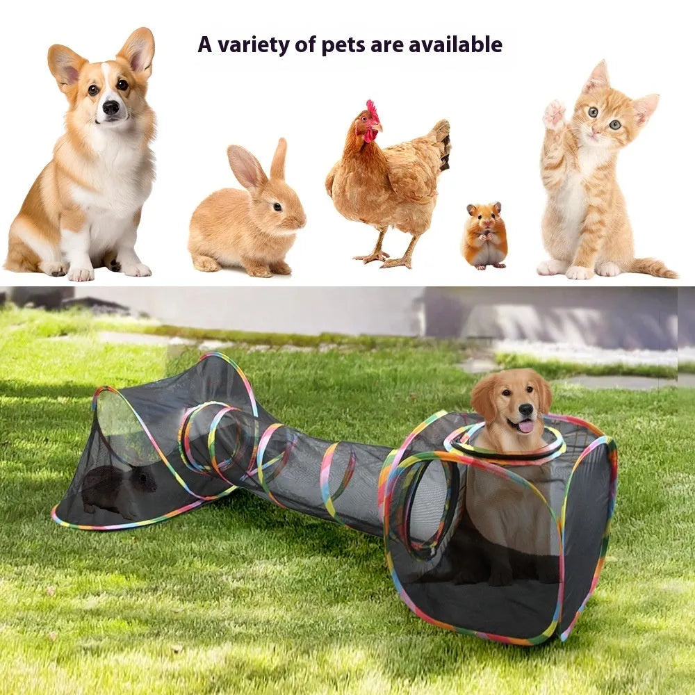 Foldable mesh cat cage showing multiple shape configurations