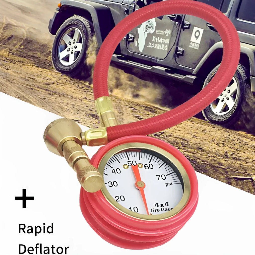 Red and black mechanical car tyre pressure gauge with dial and rapid deflation valve.