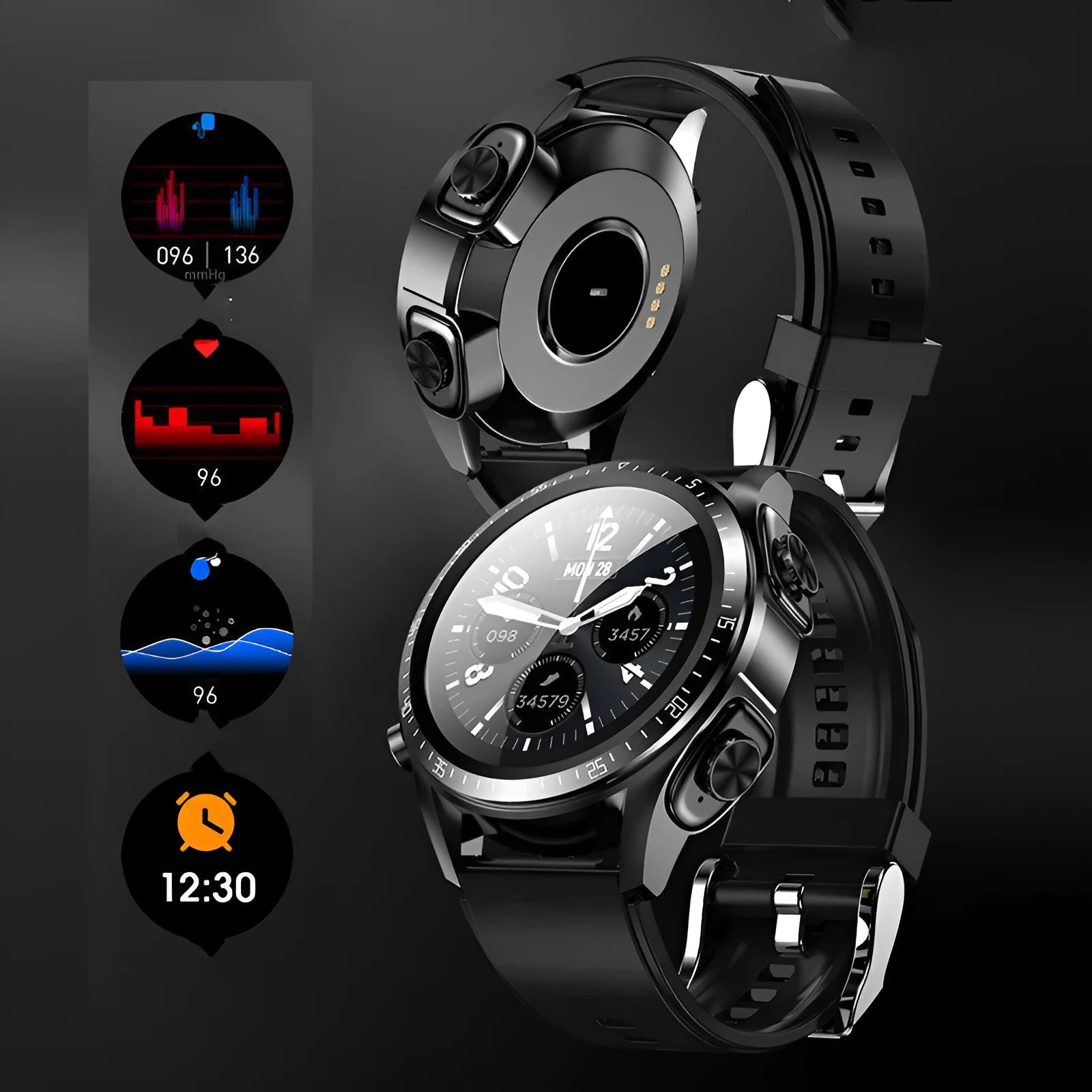 Black smart watch with health monitoring on a silicone wrist strap, showing its touch screen.