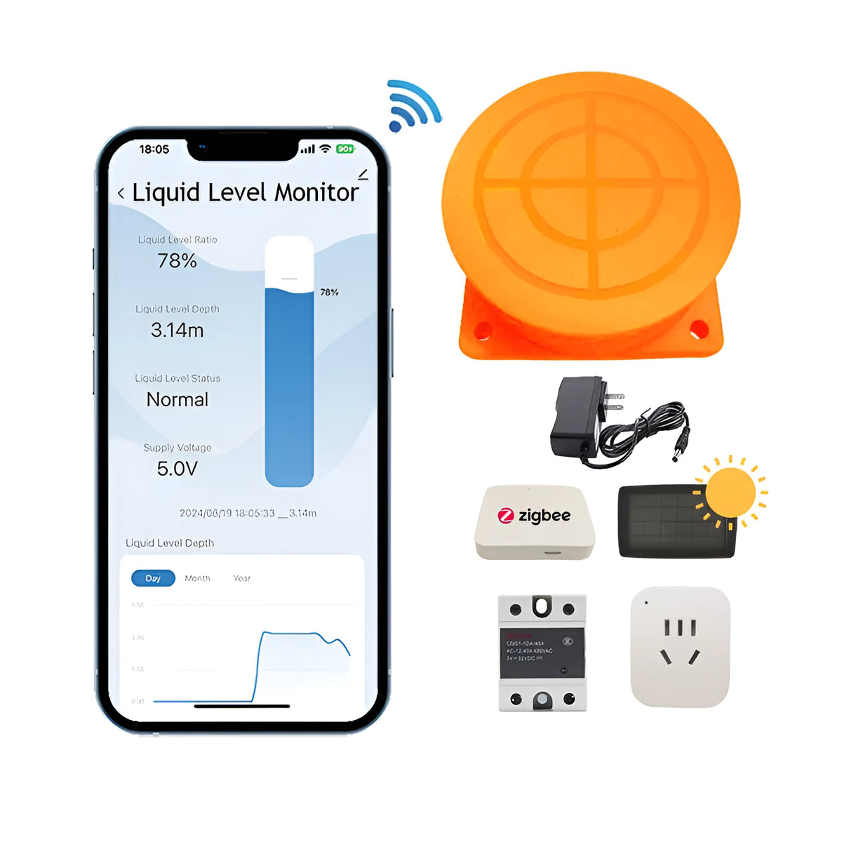 Wireless fluid level sensor for water and oil tanks with mobile app remote monitoring