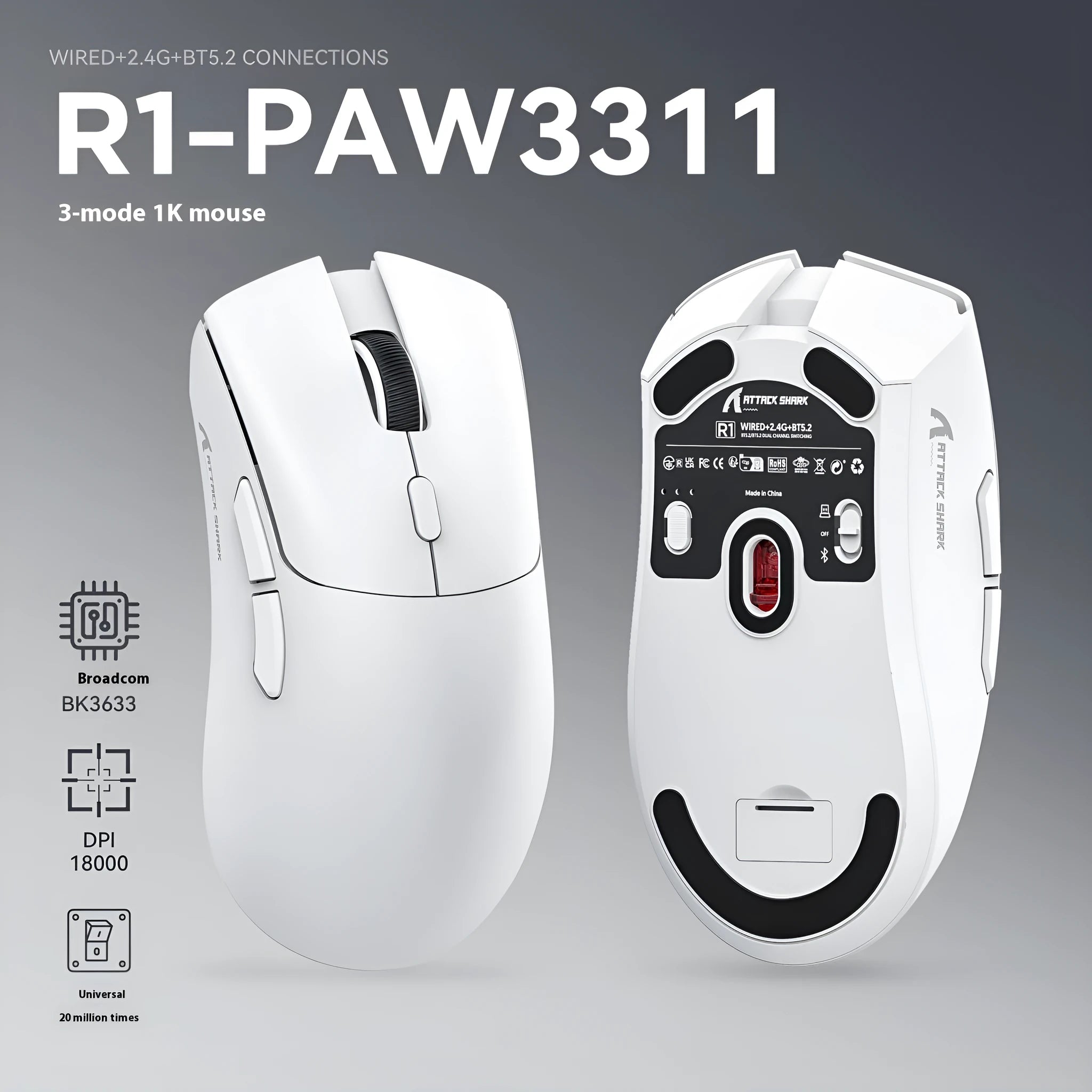 Attack Shark wireless Bluetooth gaming mouse in black, white or red colours showing compact design