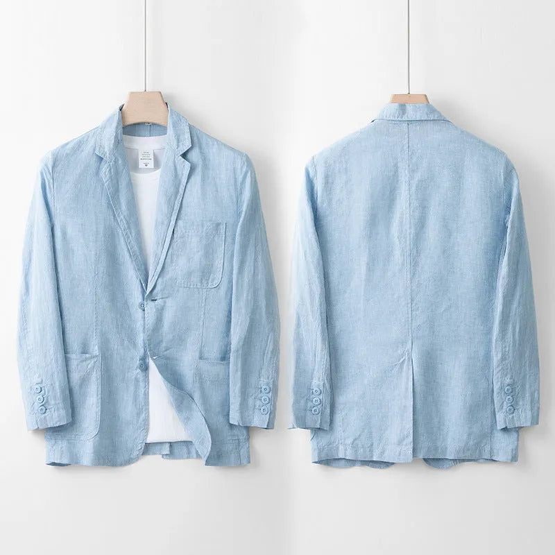 Men's casual linen suit jacket in a solid colour on a hanger, showing long sleeves and loose fit.
