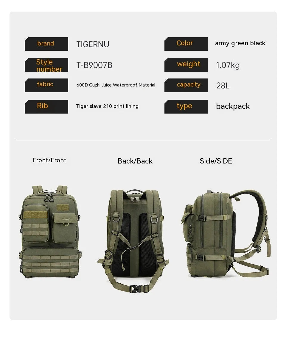 17-inch tactical backpack in army green or black with waterproof nylon construction