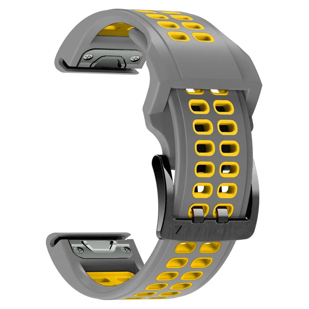 Quick release double-row hole silicone watch strap in Army Green Black colour, showing pin buckle and two width options: 22mm and 26mm.