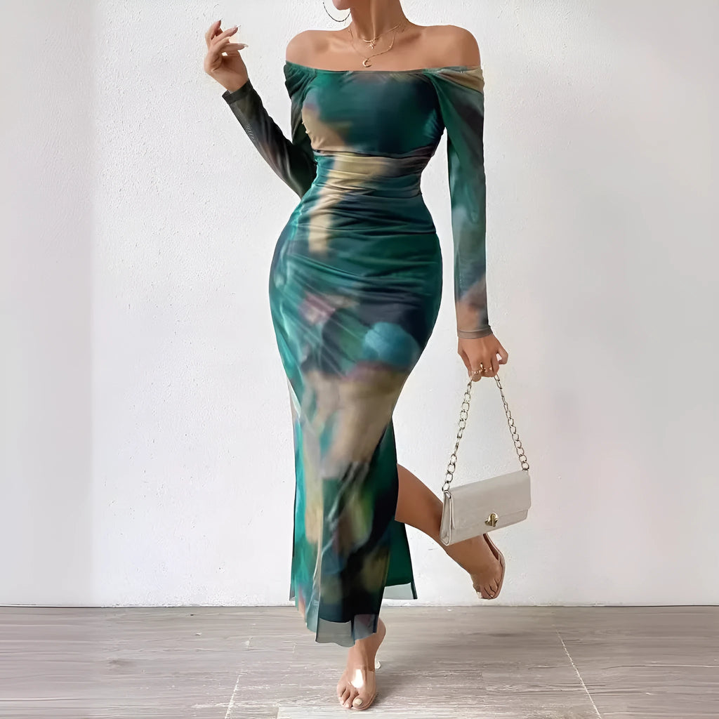 Women's printed mesh fishtail dress with gradient colour and square collar in multiple colour options