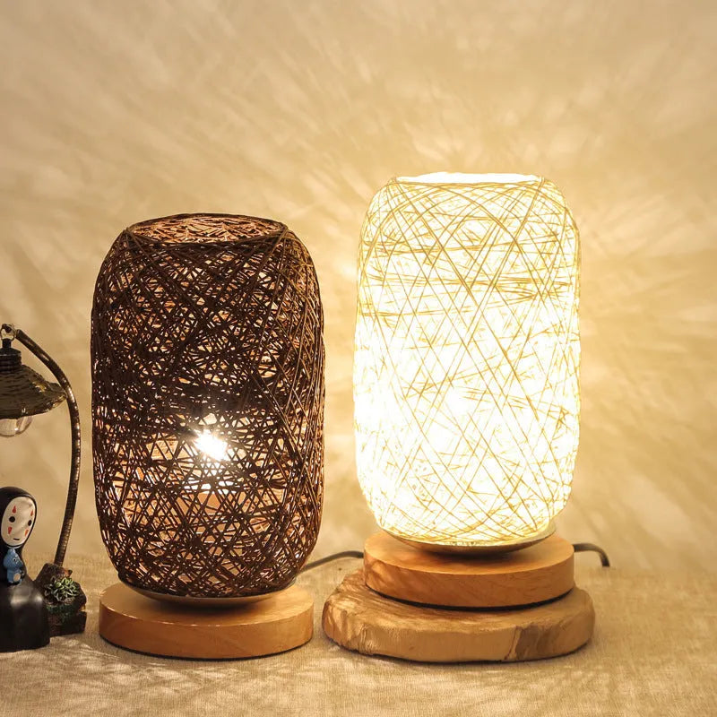 Sepak Takraw hemp rope desk lamp with solid wood base and USB cable