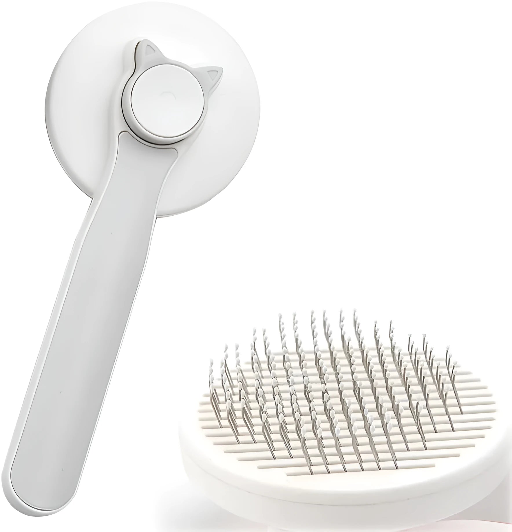 Self cleaning cat brush with blue rubber handle and metal pins with round tips