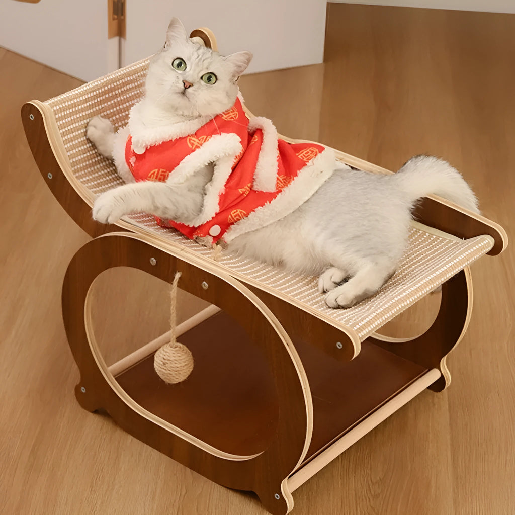Solid wood rectangular cat scratching mat and bed in walnut colour with scratch-resistant surface