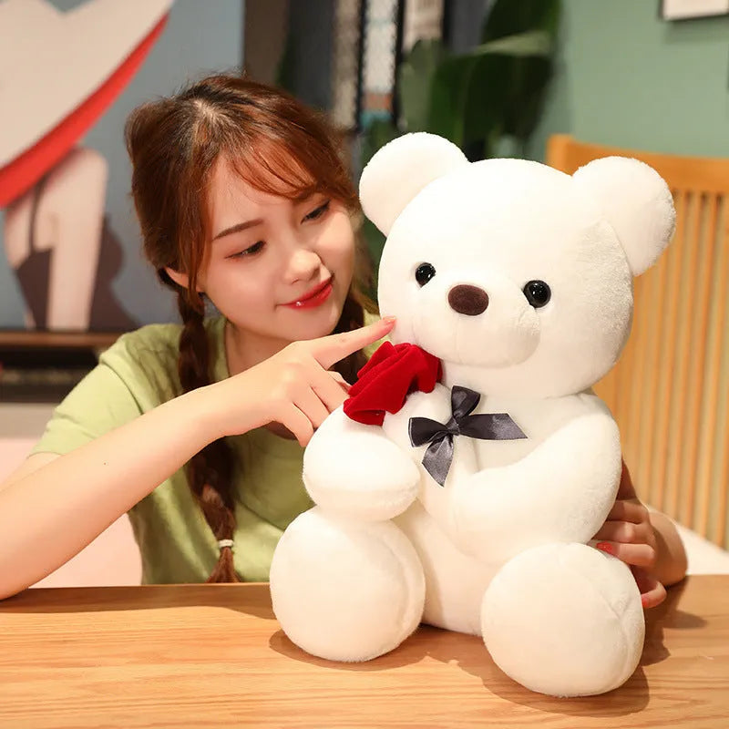 Rose print teddy bear plush doll in beige, brown, or grey, shown in various sizes.