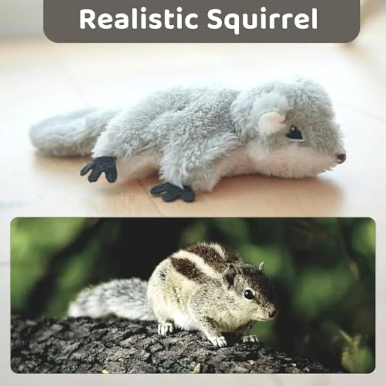 Grey flapping squirrel cat toy with waving wings and USB charging port