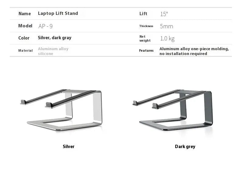 Aluminium alloy laptop desktop riser in black or silver colour with 18.5cm height