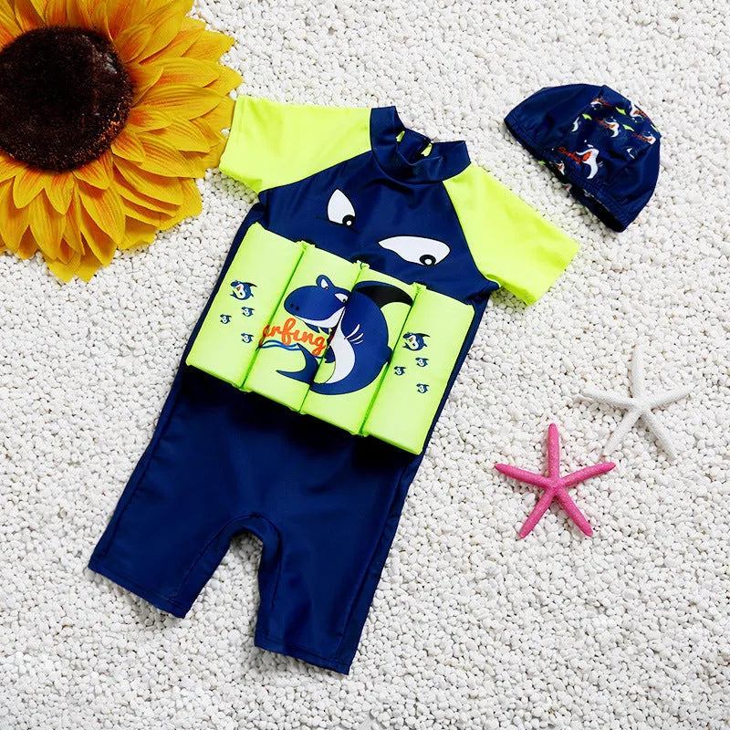 Child's unisex one-piece buoyancy swimsuit in a Korean-style plaid or cartoon print, designed for swimming pool education.