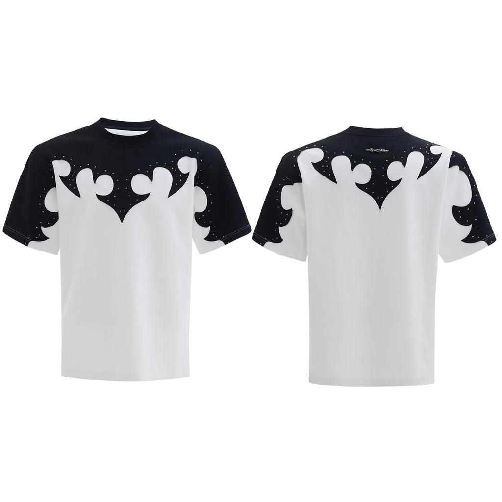 Men's grey cotton T-shirt with a textured burnt flower design and rhinestone details on the front.