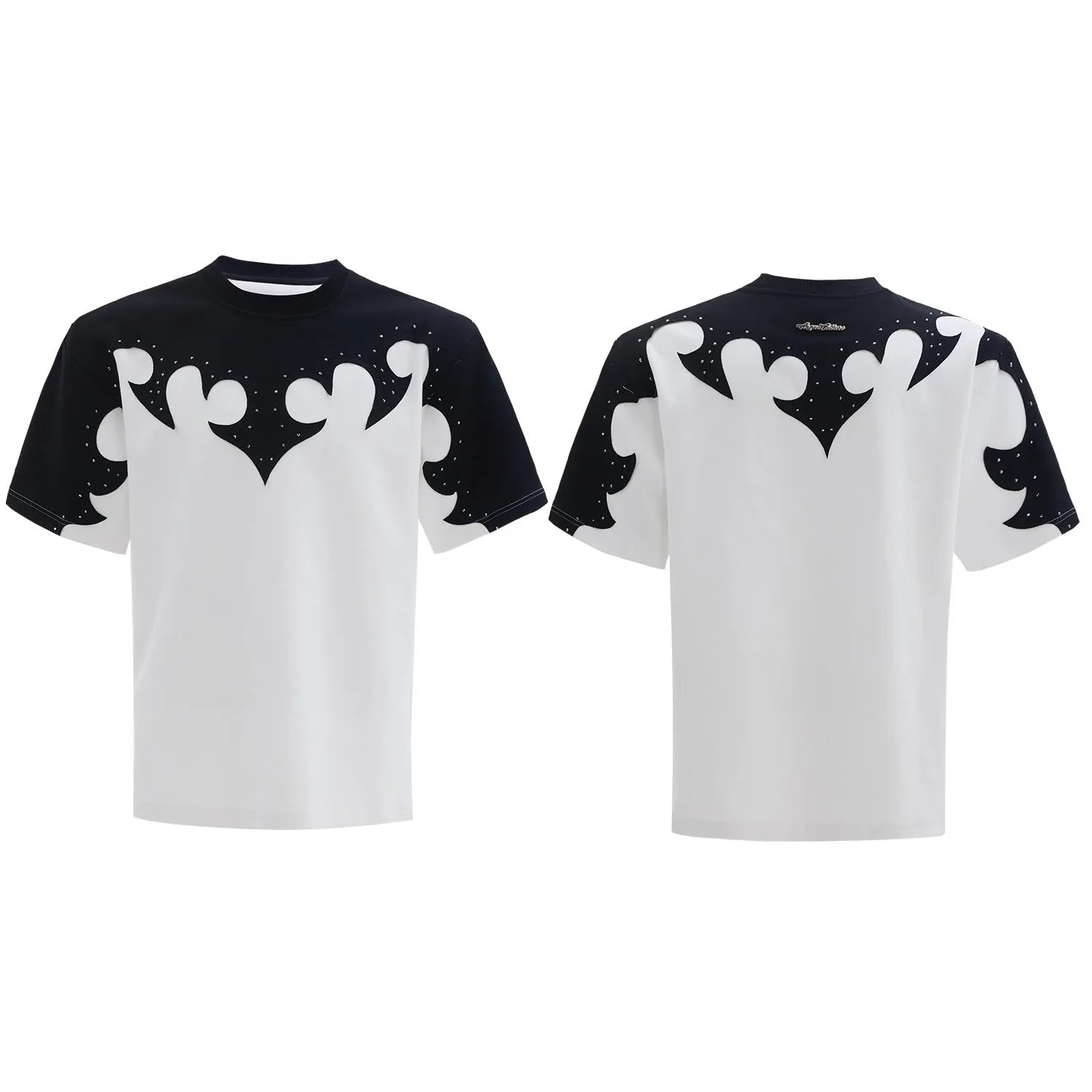Men's grey cotton T-shirt with a textured burnt flower design and rhinestone details on the front.