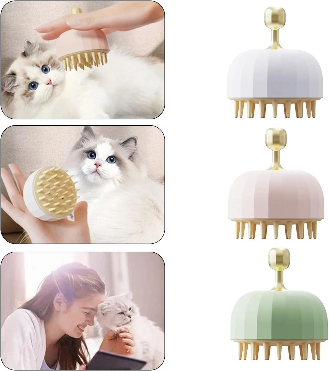 Green pet shampoo brush for dog and cat bathing with dual-sided design and water drain holes