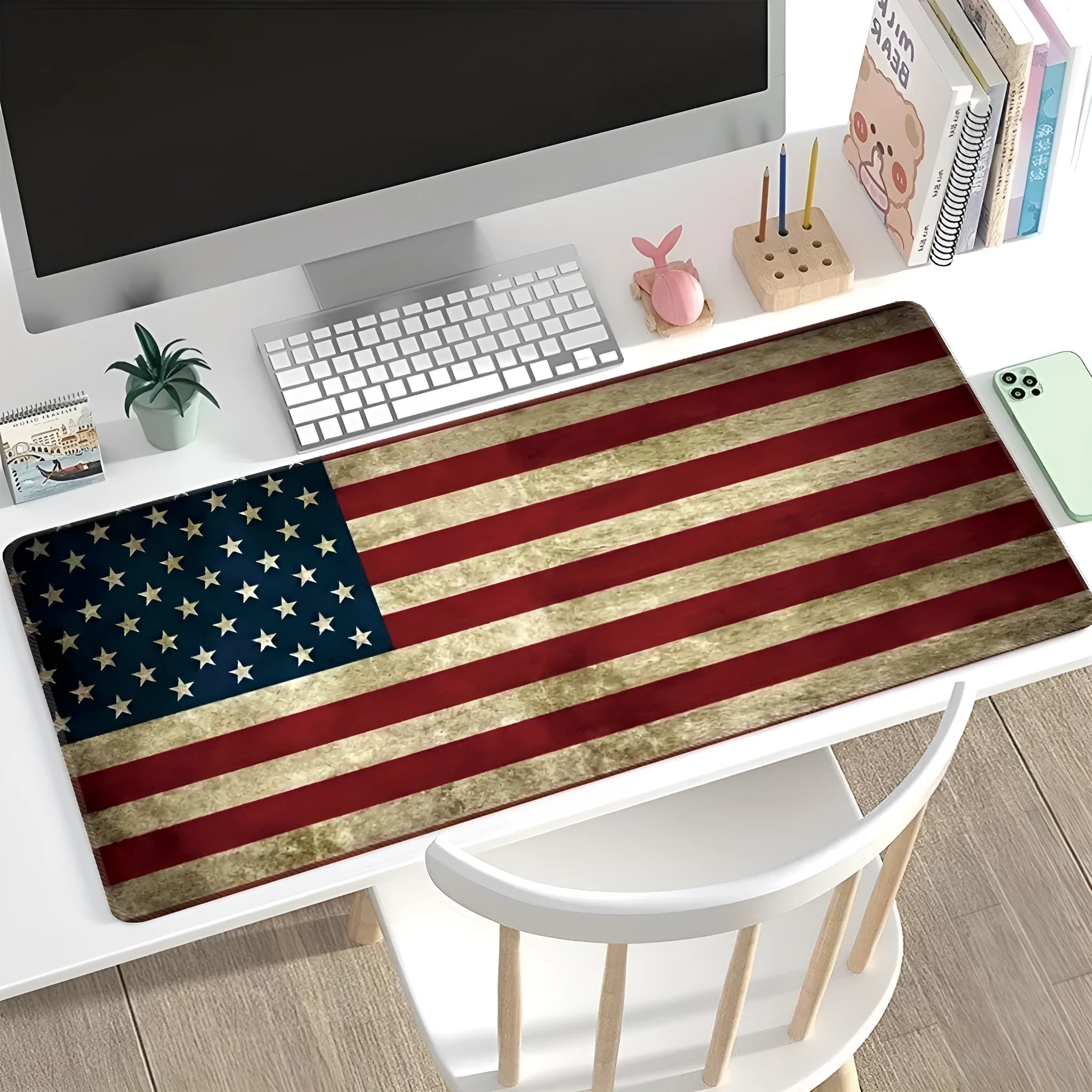 Large non-slip desk pad with thermal transfer pattern on natural rubber base for computer use
