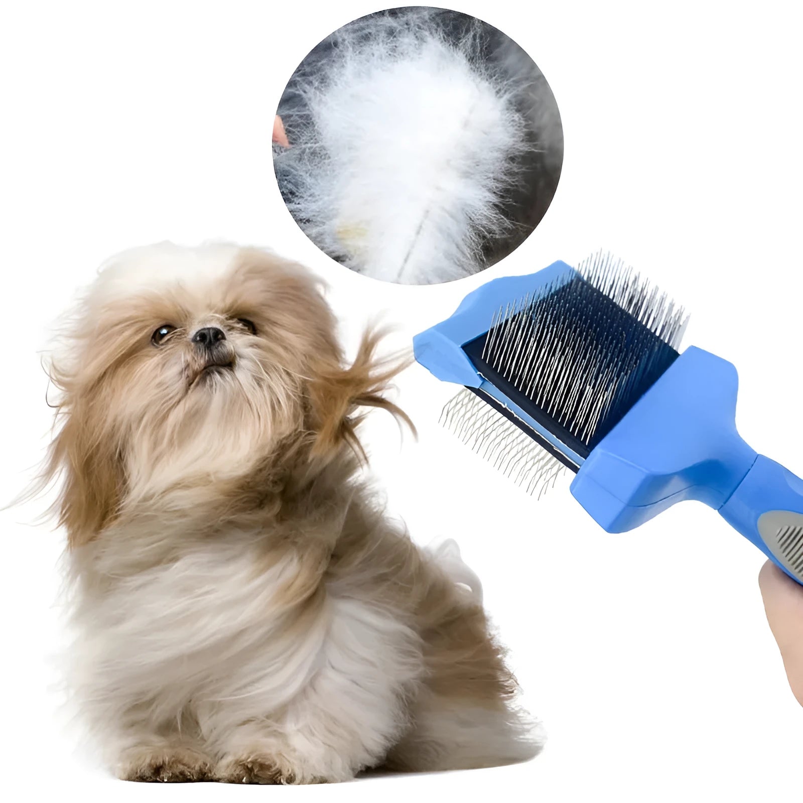Double-sided pet brush with stainless steel pins and ABS handle in blue or pink colours
