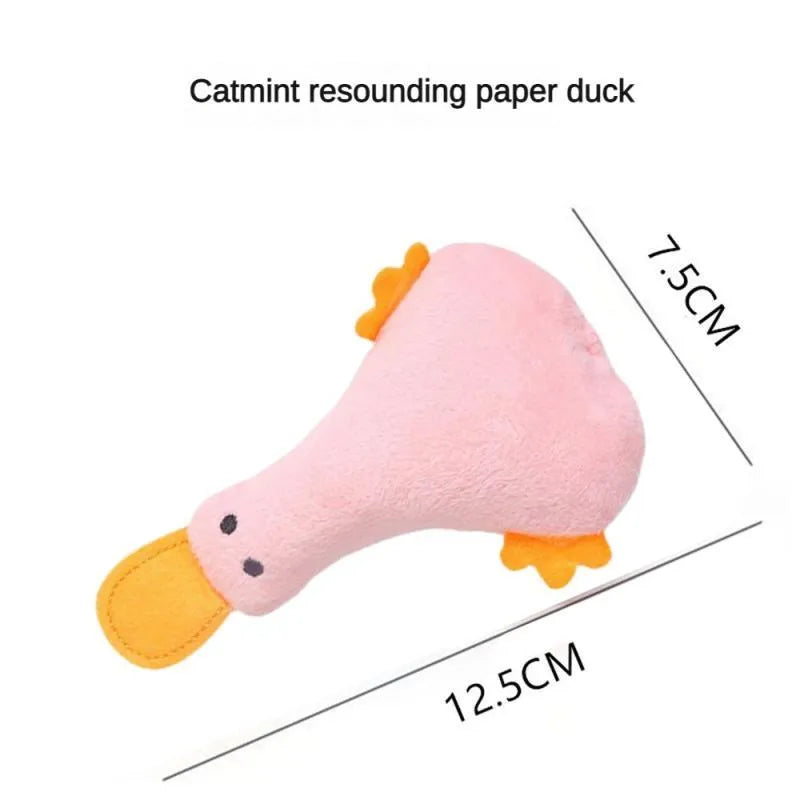 Colourful duck-shaped plush pet toy with squeaker and catnip for cats and dogs.