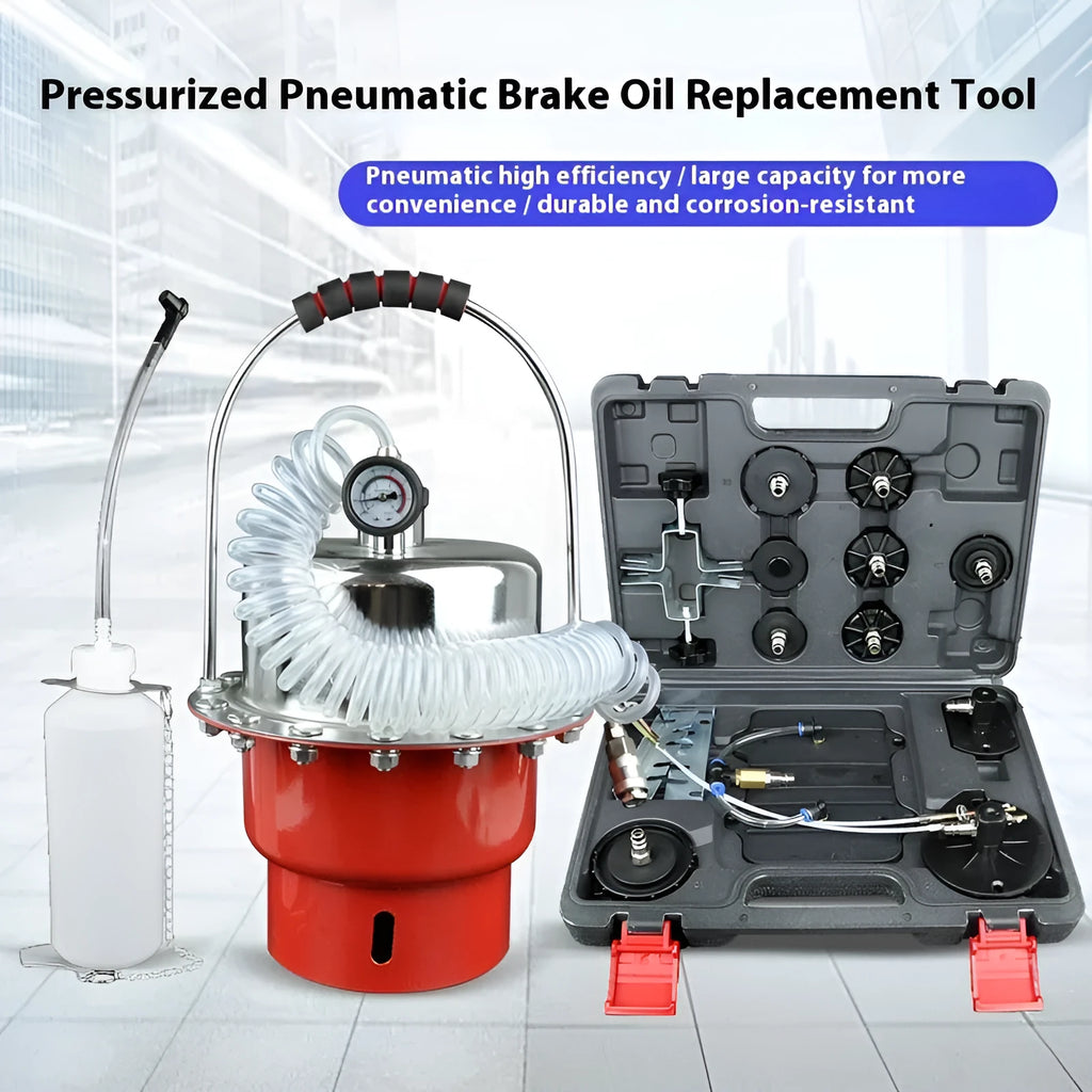 Pneumatic brake fluid replacement machine with pressure gauge, regulator, and 5-litre tank