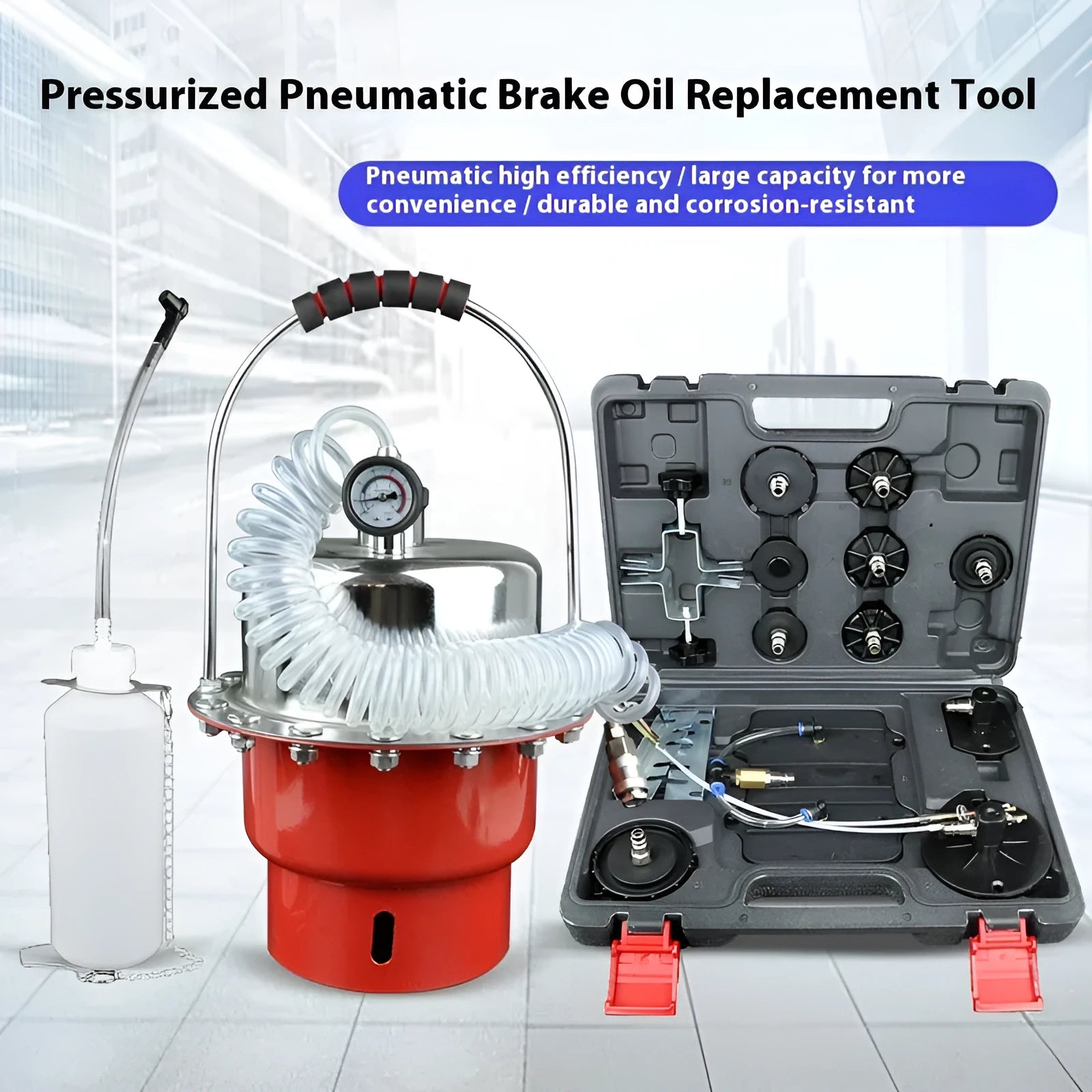 Pneumatic brake fluid replacement machine with pressure gauge, regulator, and 5-litre tank
