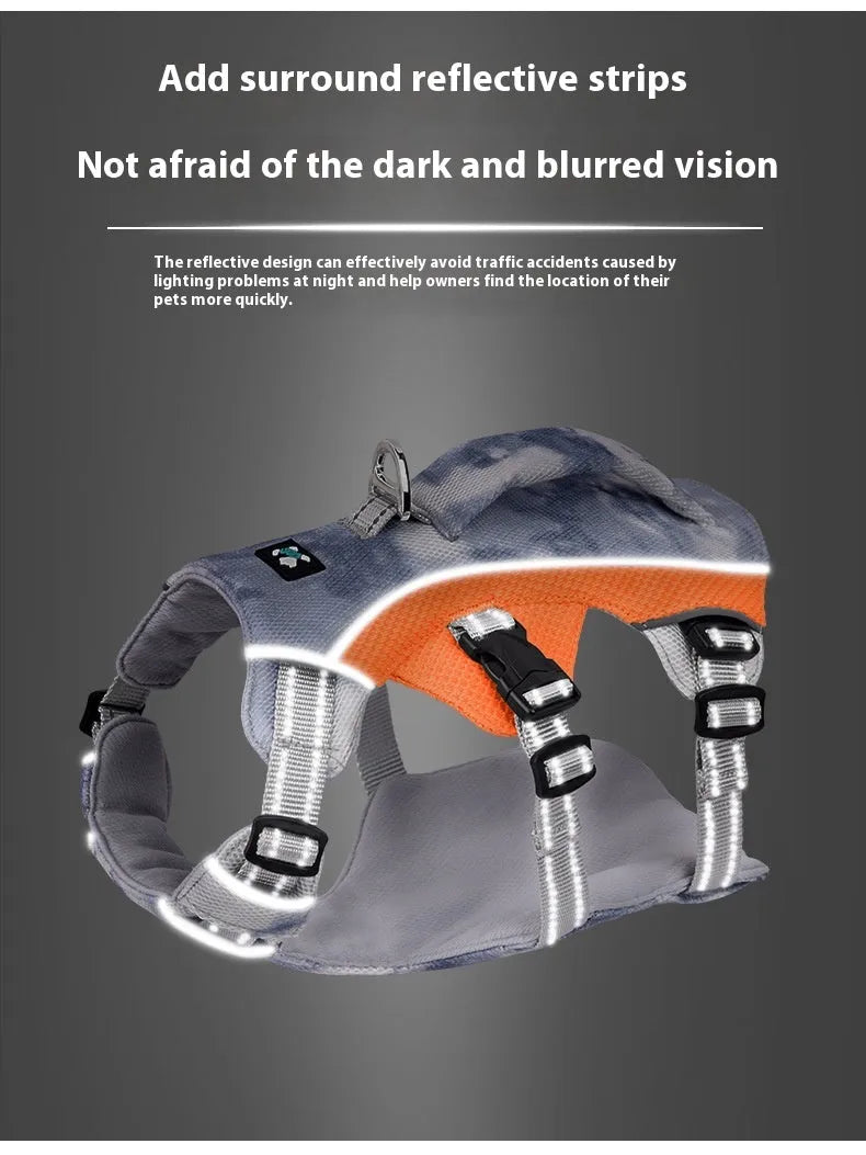 Reflective light blue pet cooling chest strap shown on a dog model