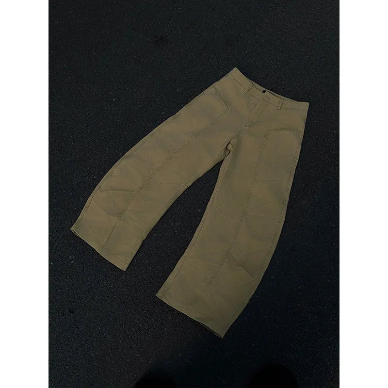 Men's khaki cotton straight-leg trousers in American retro style displayed flat