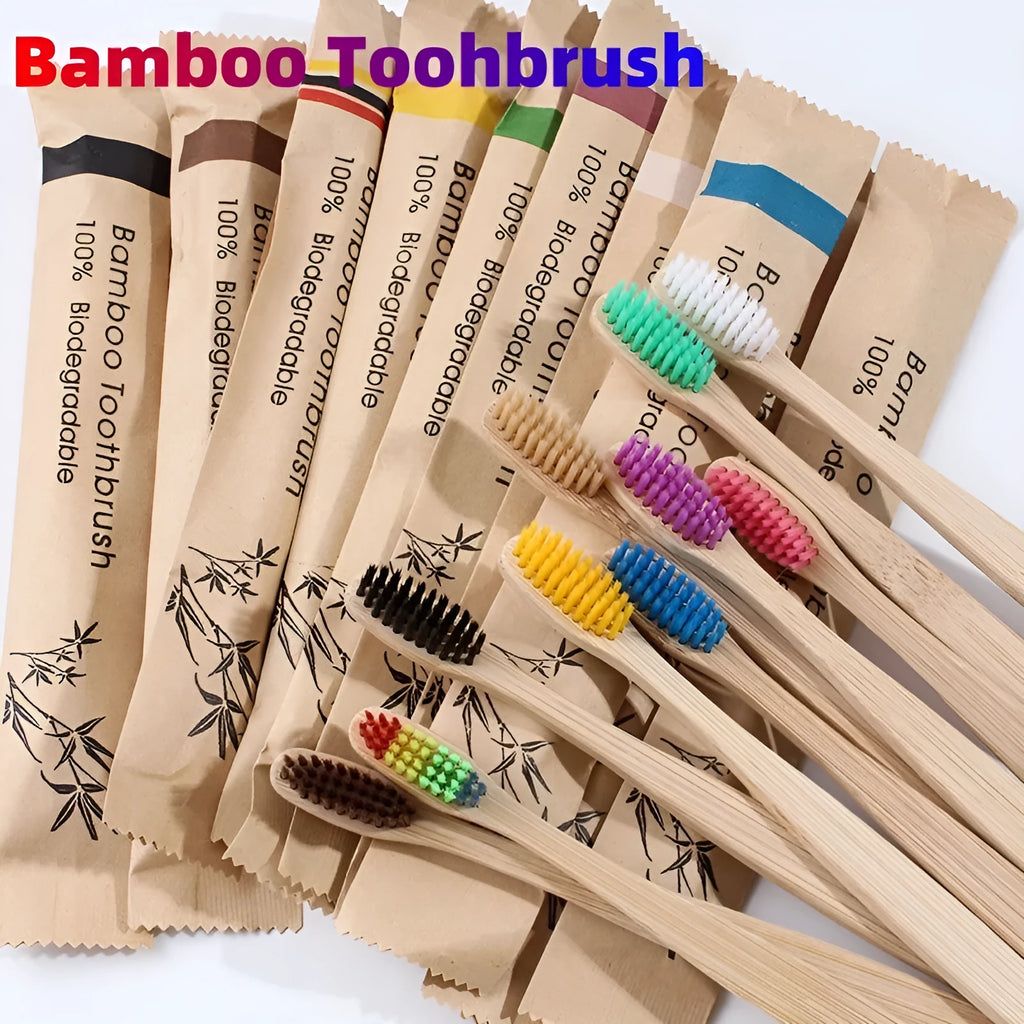 10 bamboo toothbrushes with charcoal bristles in multiple colours including green, black and purple