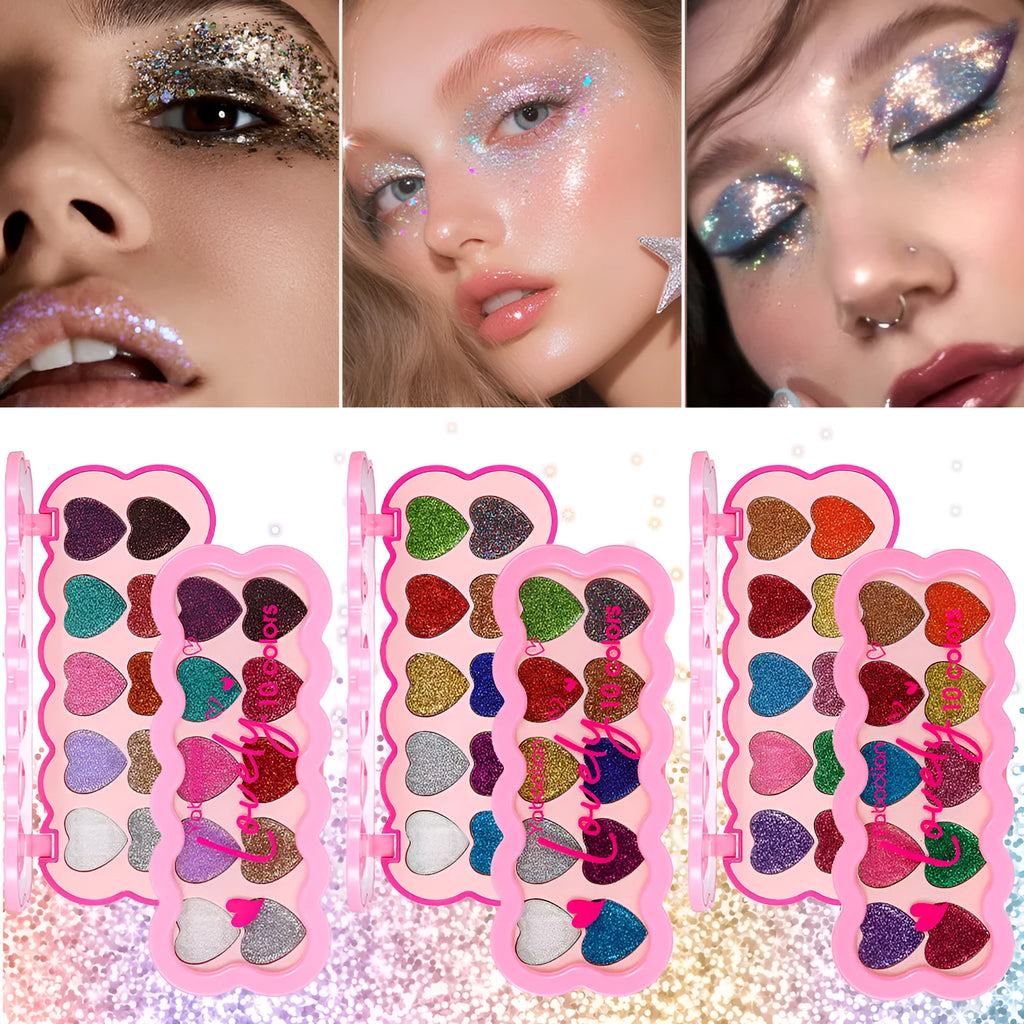 Pearlescent Heart ten-colour sequins eye shadow palette showing shimmering shades including pink, blue, and coral.