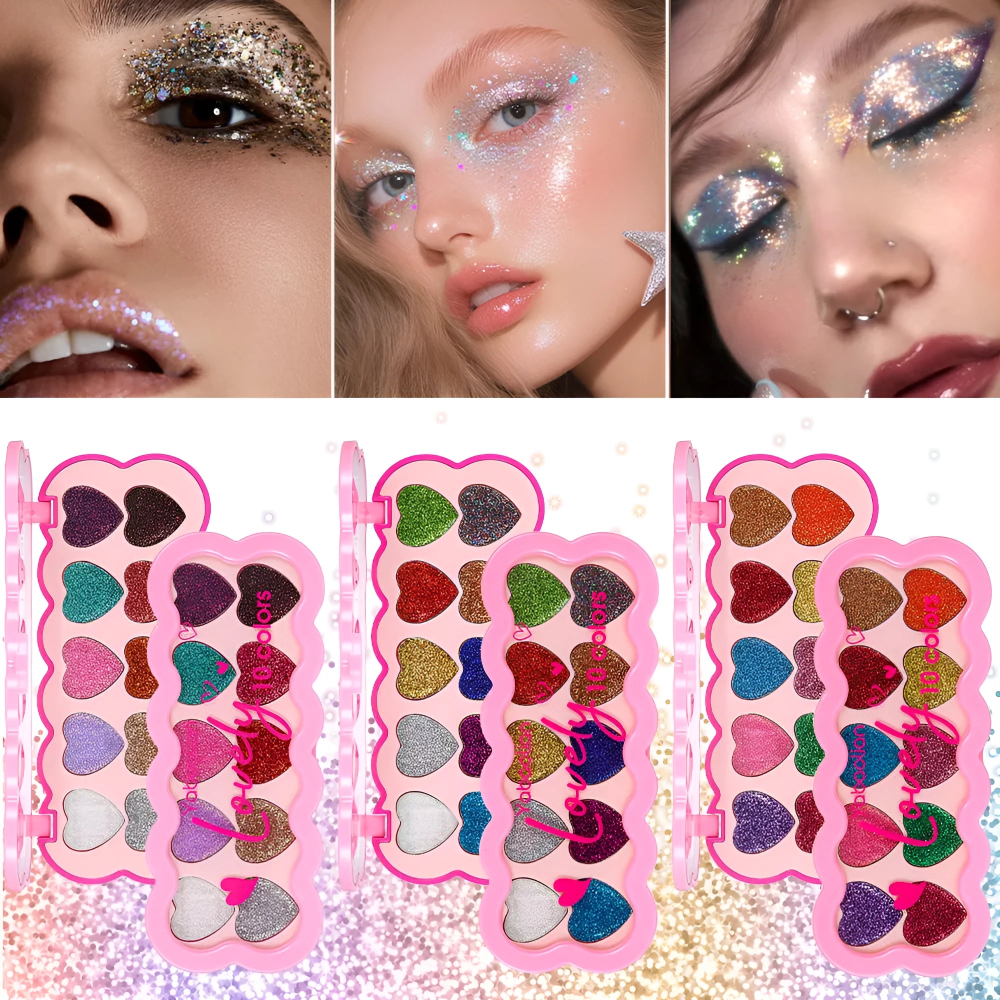 Pearlescent Heart ten-colour sequins eye shadow palette showing shimmering shades including pink, blue, and coral.