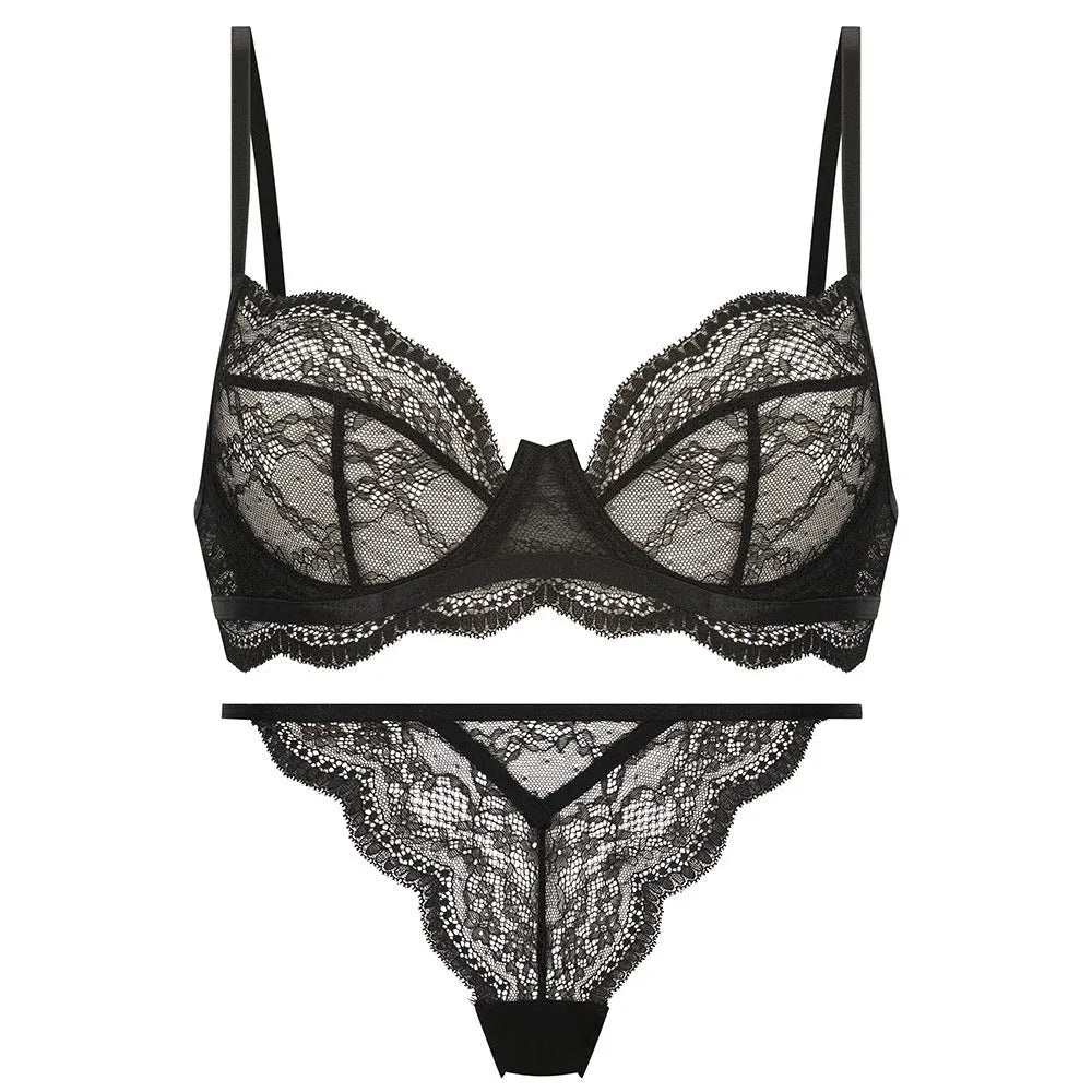 Women's black French bra bikini set with double shoulder straps on size chart