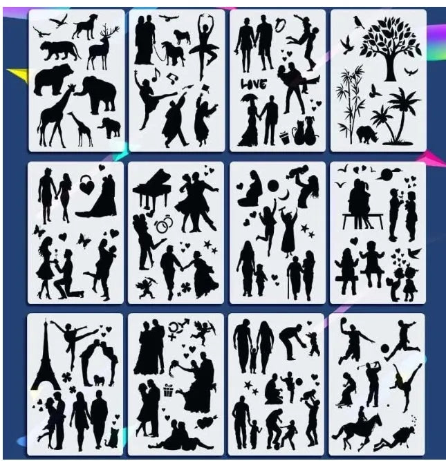 A set of white drawing stencils with various cut-out shapes, laid out on a flat surface.
