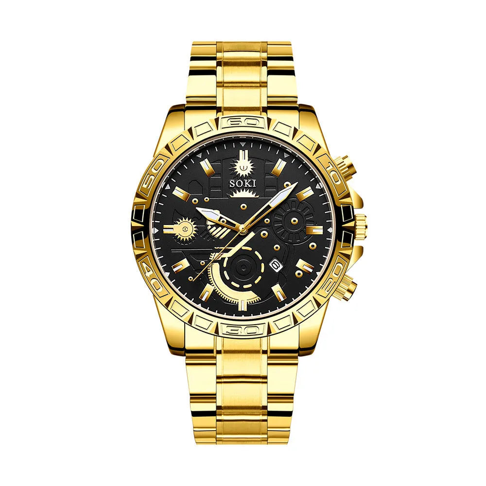Men's gold stainless steel business quartz watch with calendar display on dial